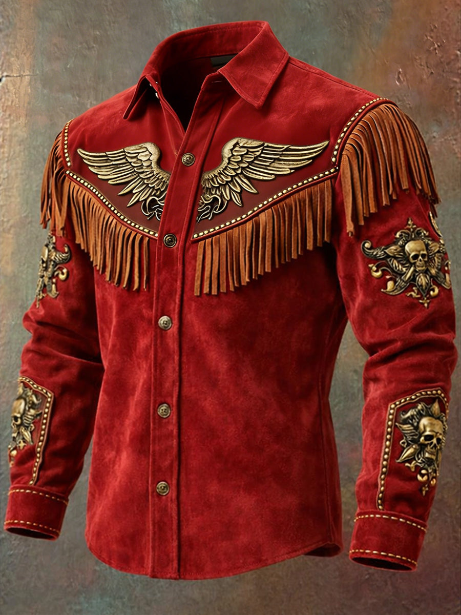Men's Retro Western Style Print Vintage Tassel Casual Long Sleeve Shirt