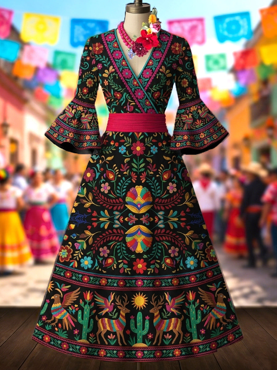 Retro Mexico Floral Art Printed V-Neck Vintage Pleated Waist Flare Sleeve Midi Dress
