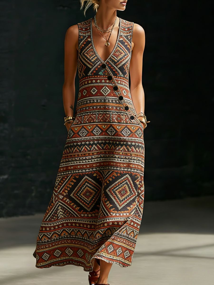 Retro Art Print Button Up Sleeveless Midi Dress