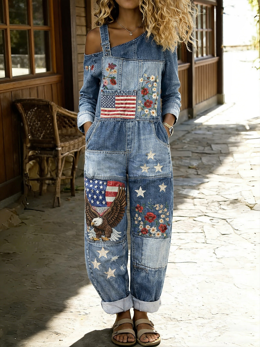 Women's Retro American Flag Art Print Washed Cotton Denim Patchwork Jumpsuit