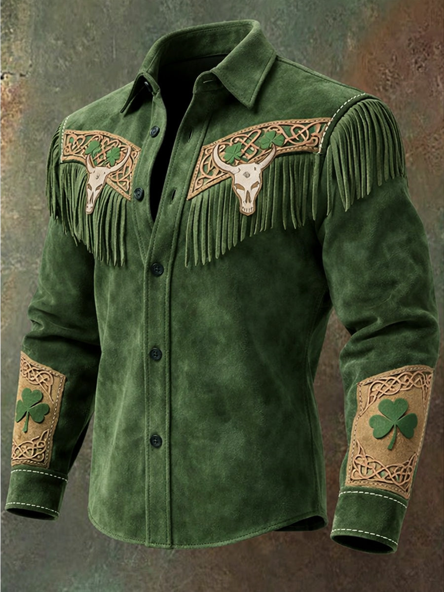 Men's Retro St. Patrick Western Style Art Print Vintage Tassel Casual Long Sleeve Shirt