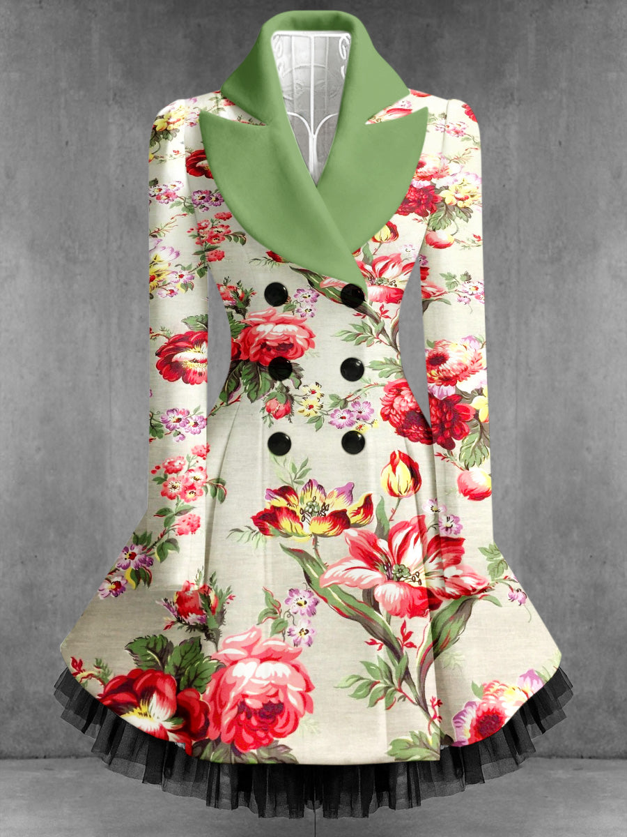 Retro Artistic Floral Print Vintage Elegance Lapel Button Up Long Sleeve Coat Dress