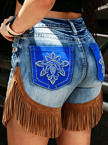Women's Retro Floral Art Print Casual Leather Fringe Patchwork Pocket Shorts