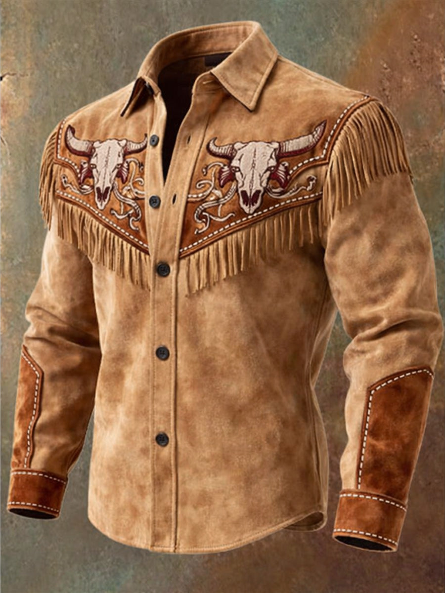Men's Retro Western Style Vintage Casual Cotton Long Sleeve Fringe Shirt