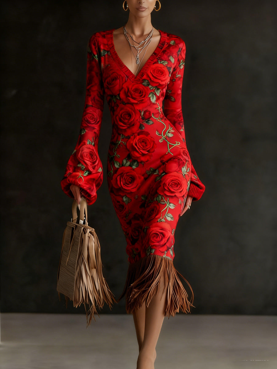 Retro Floral Art Print Vintage V-Neck Pit Striped Knitted Tassels Long-Sleeve Midi Dress