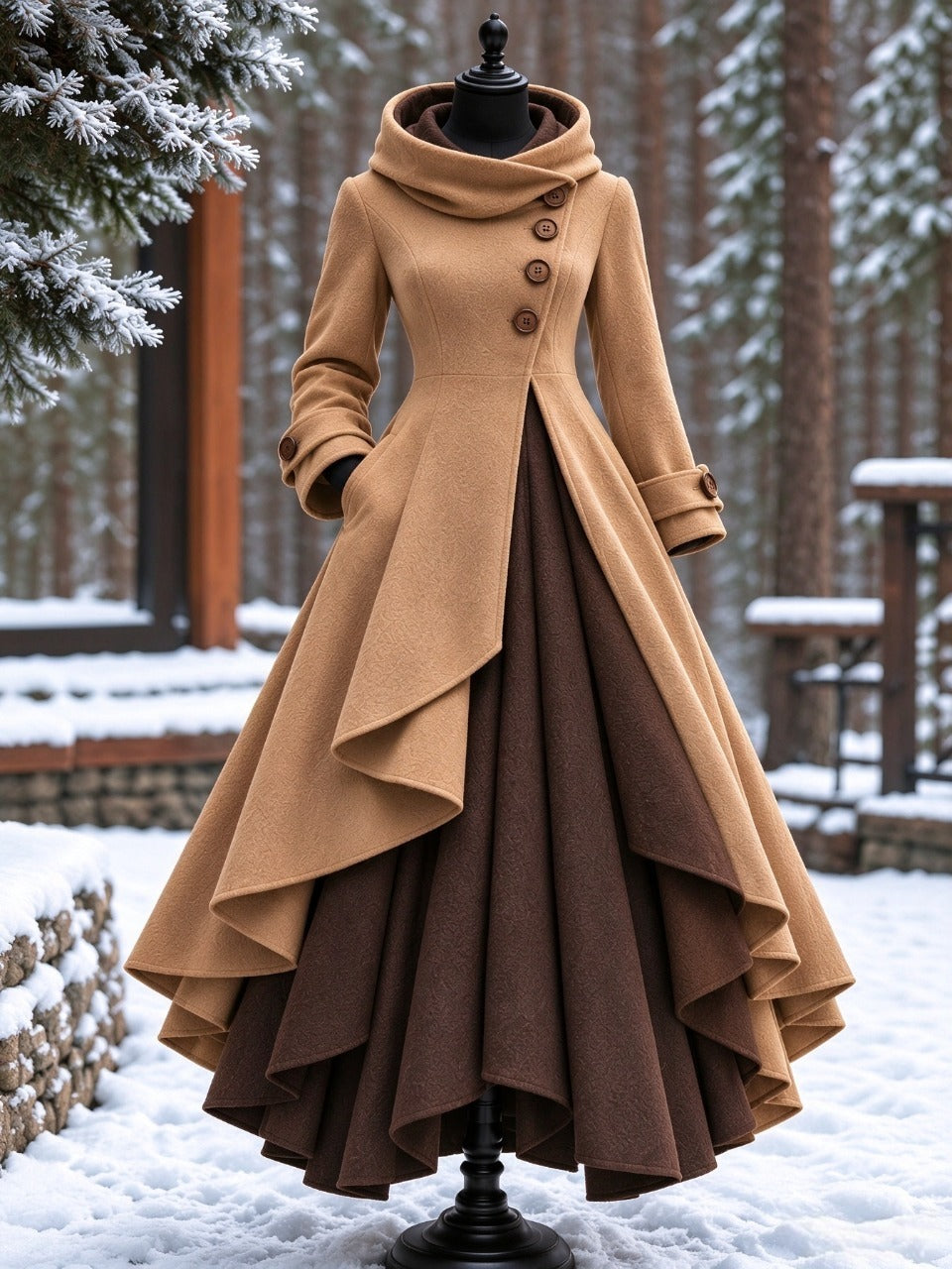 Women’s Vintage High-Collar Asymmetrical Double-Layer Hem Long Maxi Coat