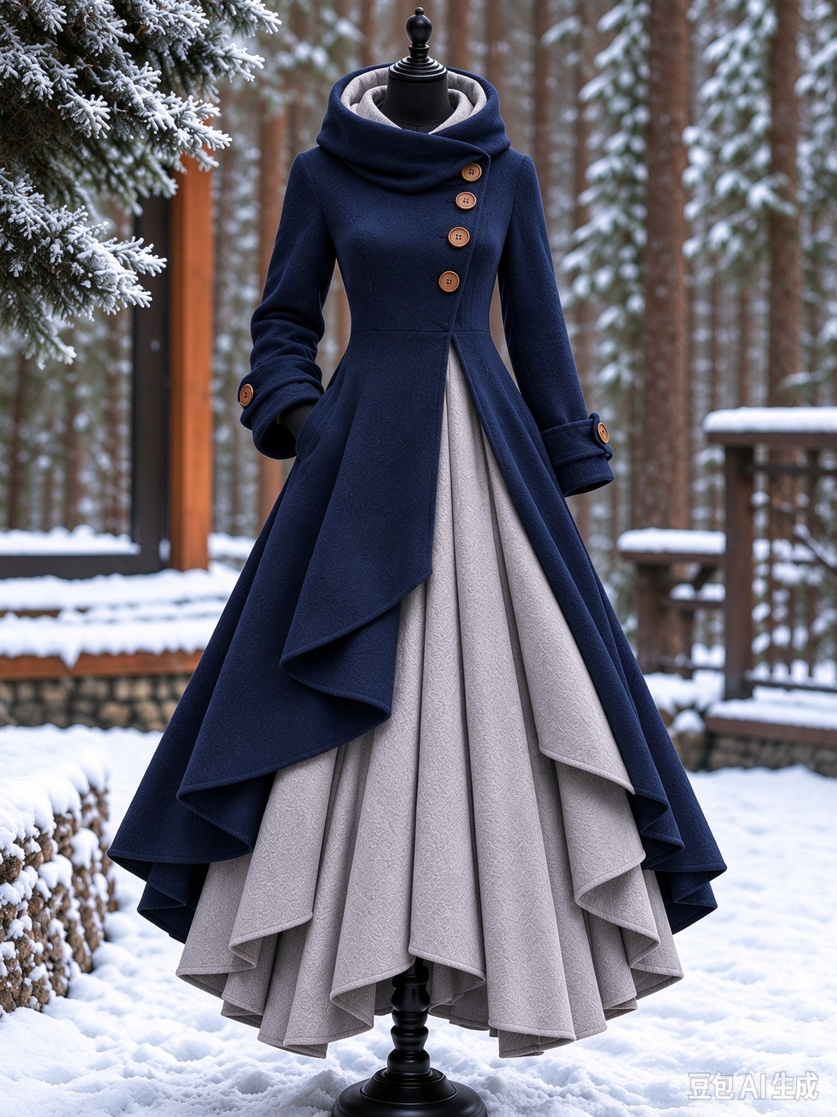 Women’s Vintage High-Collar Asymmetrical Double-Layer Hem Long Maxi Coat