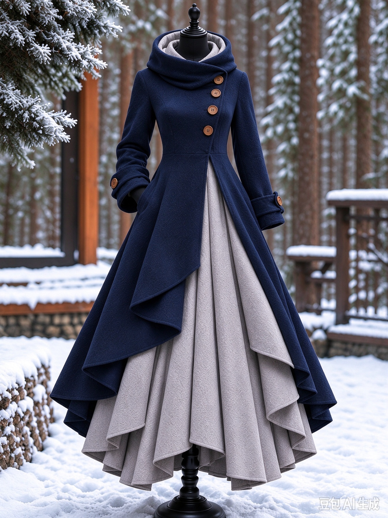 Women’s Vintage High-Collar Asymmetrical Double-Layer Hem Long Maxi Coat
