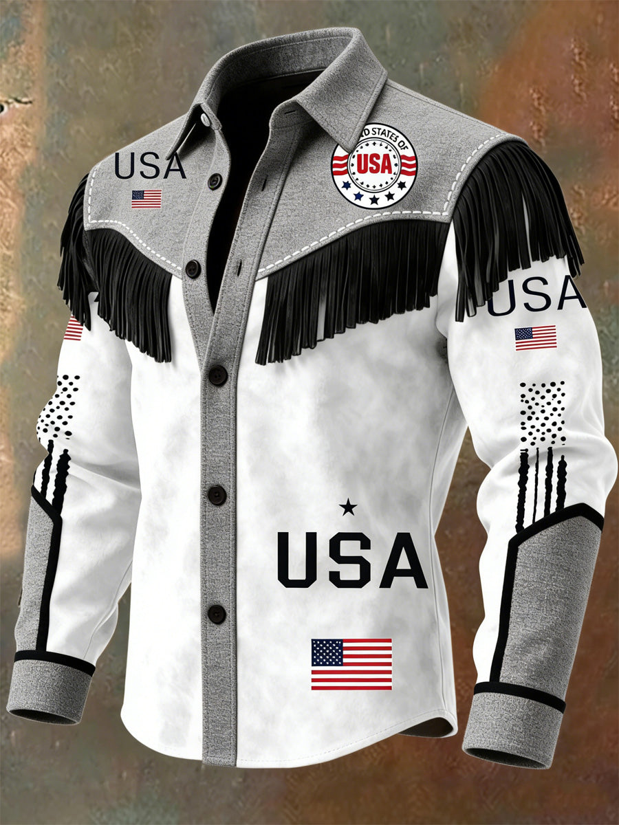 Men's USA Flag Art Western Style Print Vintage Tassel Casual Long Sleeve Shirt