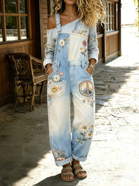 Women's Retro Floral Color-Blocked Art Print Washed Cotton Denim Patchwork Jumpsuit