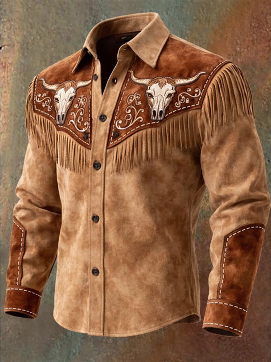 Men's Retro Western Style Vintage Casual Cotton Long Sleeve Fringe Shirt