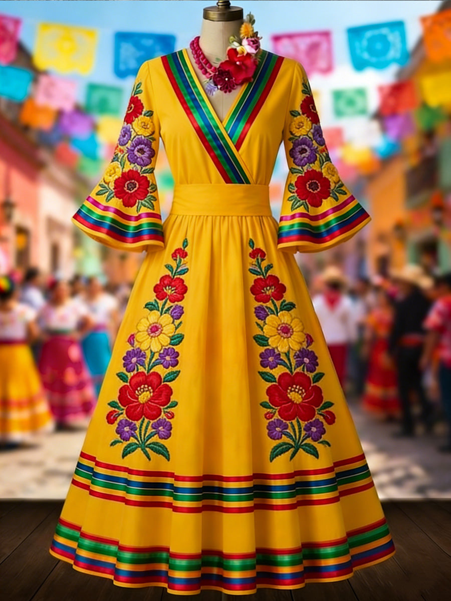 Retro Mexico Floral Art Printed V-Neck Vintage Pleated Waist Flare Sleeve Midi Dress