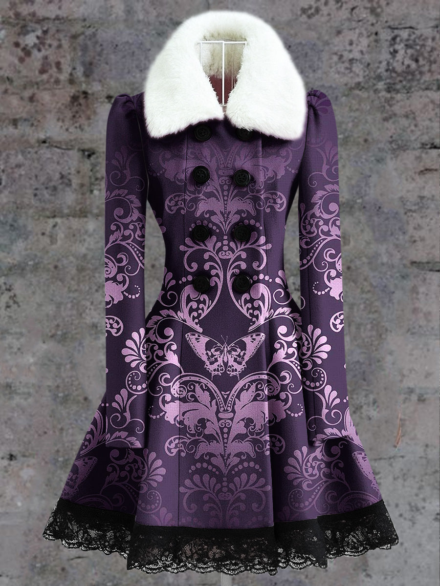Retro Floral Art Print Vintage Elegance Fur Collar Button Up Long Sleeve Midi Dress