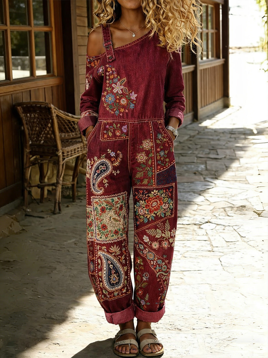 Women's Retro Style Floral Art Print Washed Cotton Denim Patchwork Jumpsuit