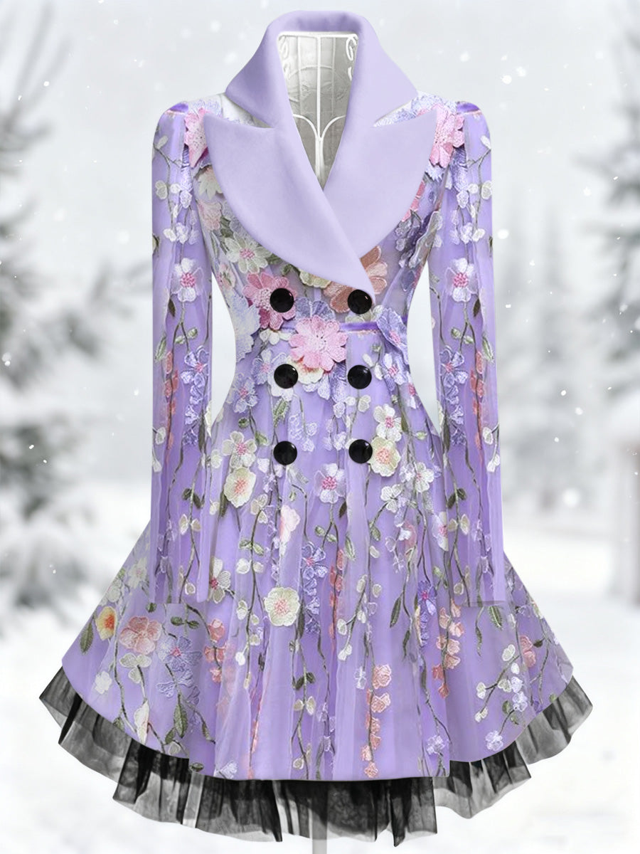 Retro Artistic Floral Print Vintage Elegance Lapel Button Up Long Sleeve Coat Dress