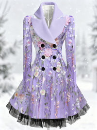 Retro Artistic Floral Print Vintage Elegance Lapel Button Up Long Sleeve Coat Dress