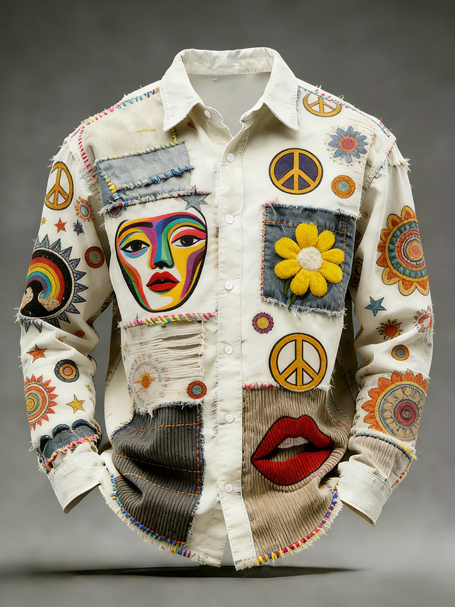 Men's Hippie Art Print Cotton Vintage Casual Cotton Long Sleeve Shirt