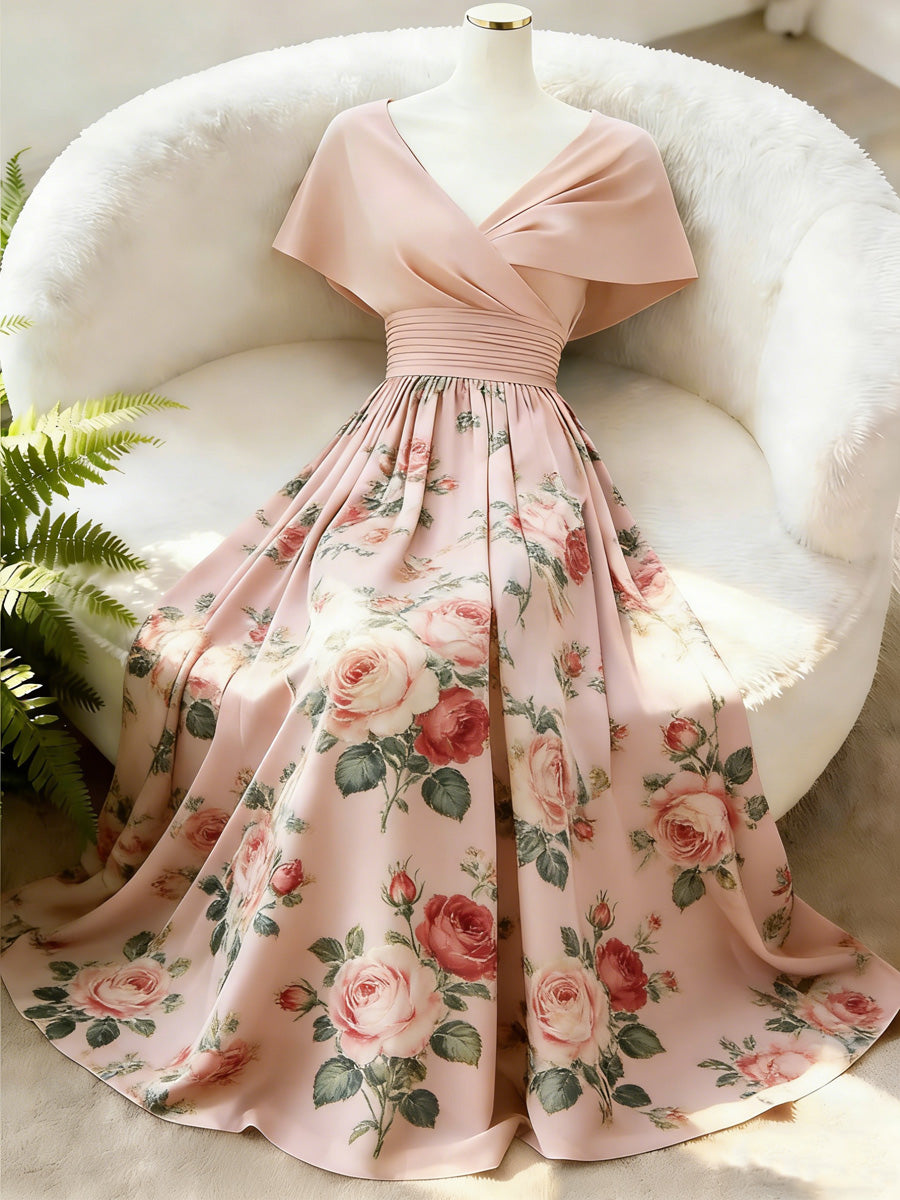 Retro Floral Art Printed Elegant V-Neck Vintage Batwing Short Sleeve Maxi Dress