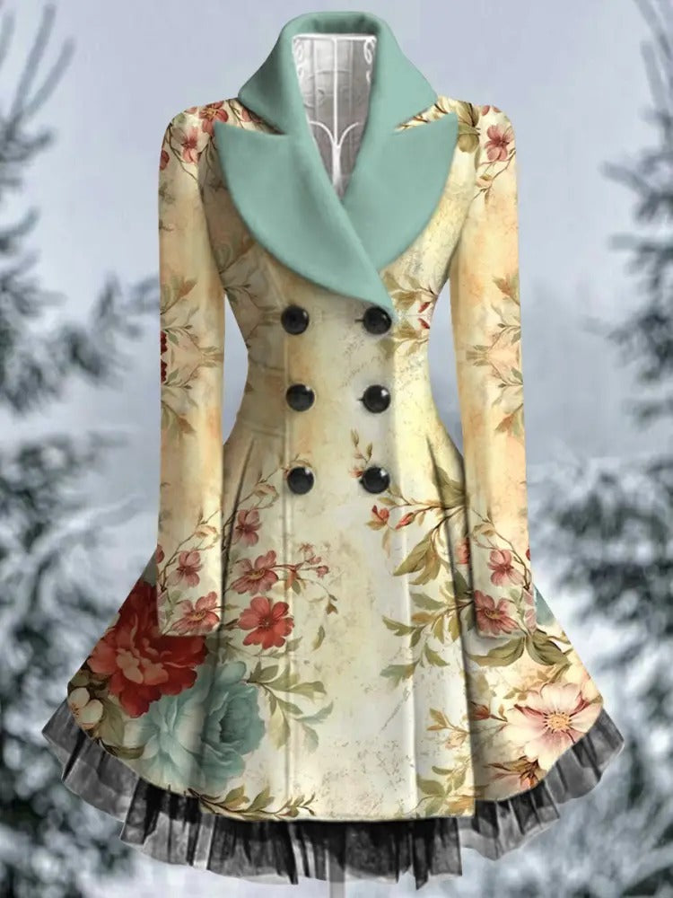 Floral Art Print Vintage Elegant Lapel V-Neck Button Up Long Sleeve Coat Dress