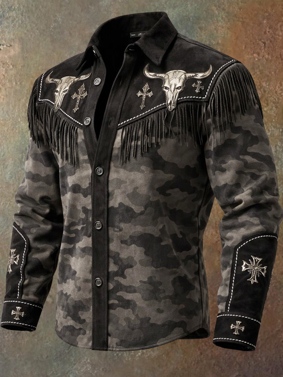 Men's Retro Western Style Art Print Vintage Tassel Casual Long Sleeve Shirt