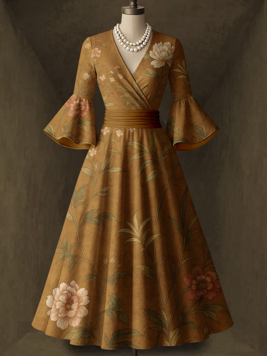 Retro Floral Carved Art Printed V-Neck Vintage Chic Pleated Waist Flare Sleeve Midi Dress