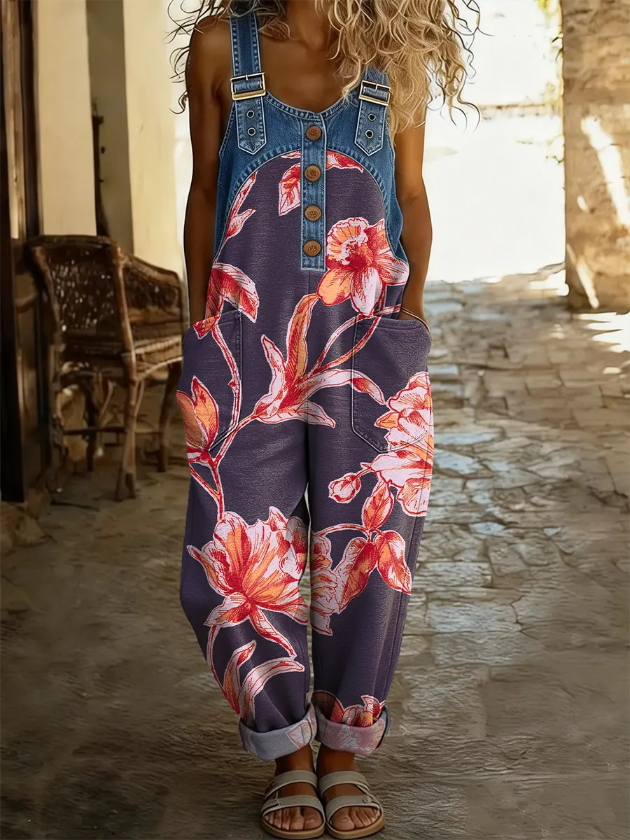 Women's Retro Floral Art Print Casual Washed Cotton Denim Patchwork Jumpsuit