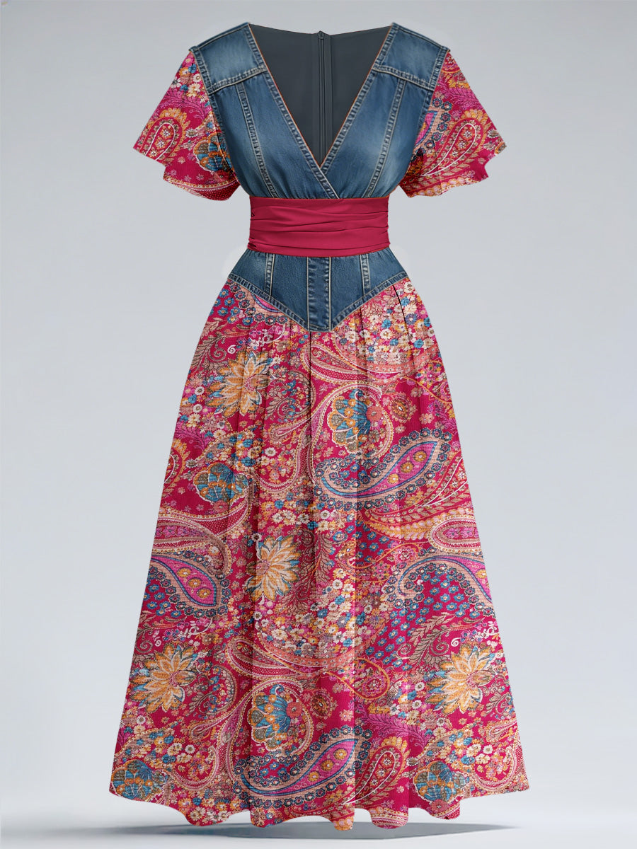 Retro Denim Floral Art Printed Elegant V-Neck Vintage Short Sleeve Maxi Dress
