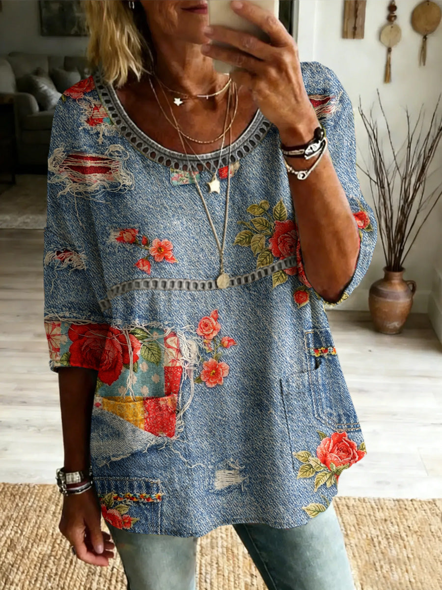 Women's Retro Casual  Style Print Vintage Half Sleeves Shirt