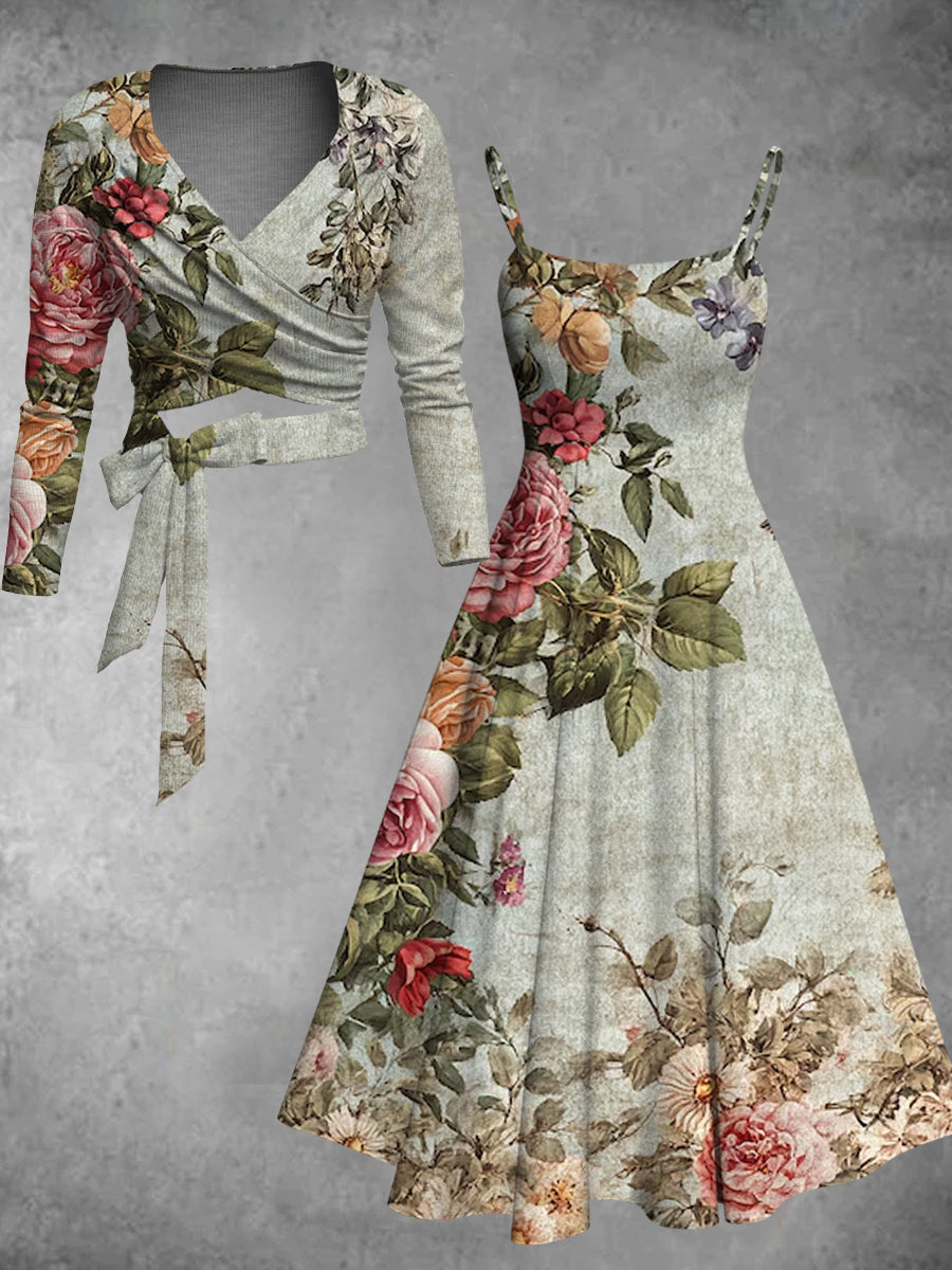 Retro Floral Art Printed Vintage Unique Slim Fit Cross Wrap Long Sleeve Two-Piece Midi Dress