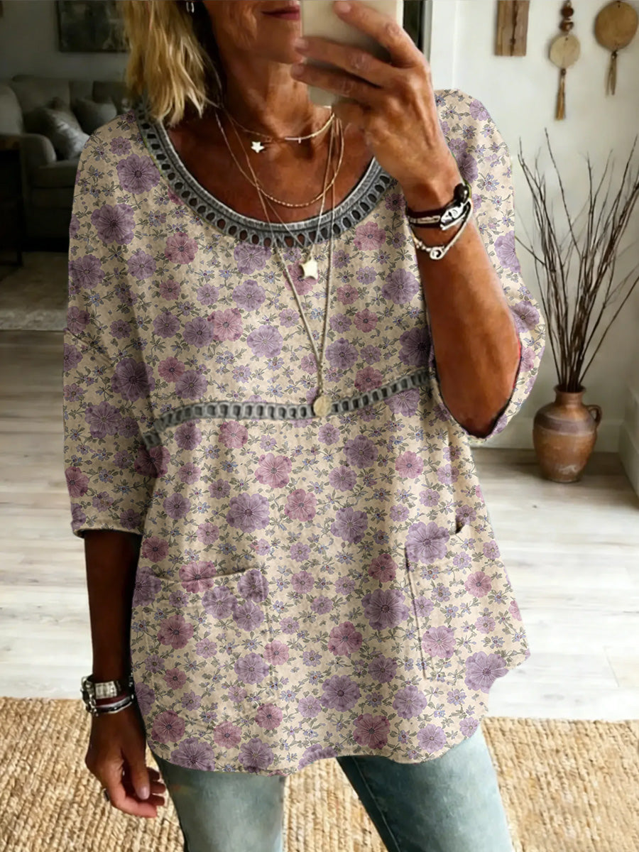 Women's Retro Casual  Style Print Vintage Half Sleeves Shirt