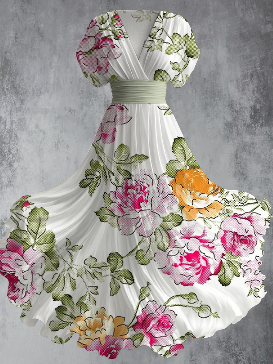 Retro Floral Art Printed Elegant V-Neck Vintage Short Sleeve Maxi Dress