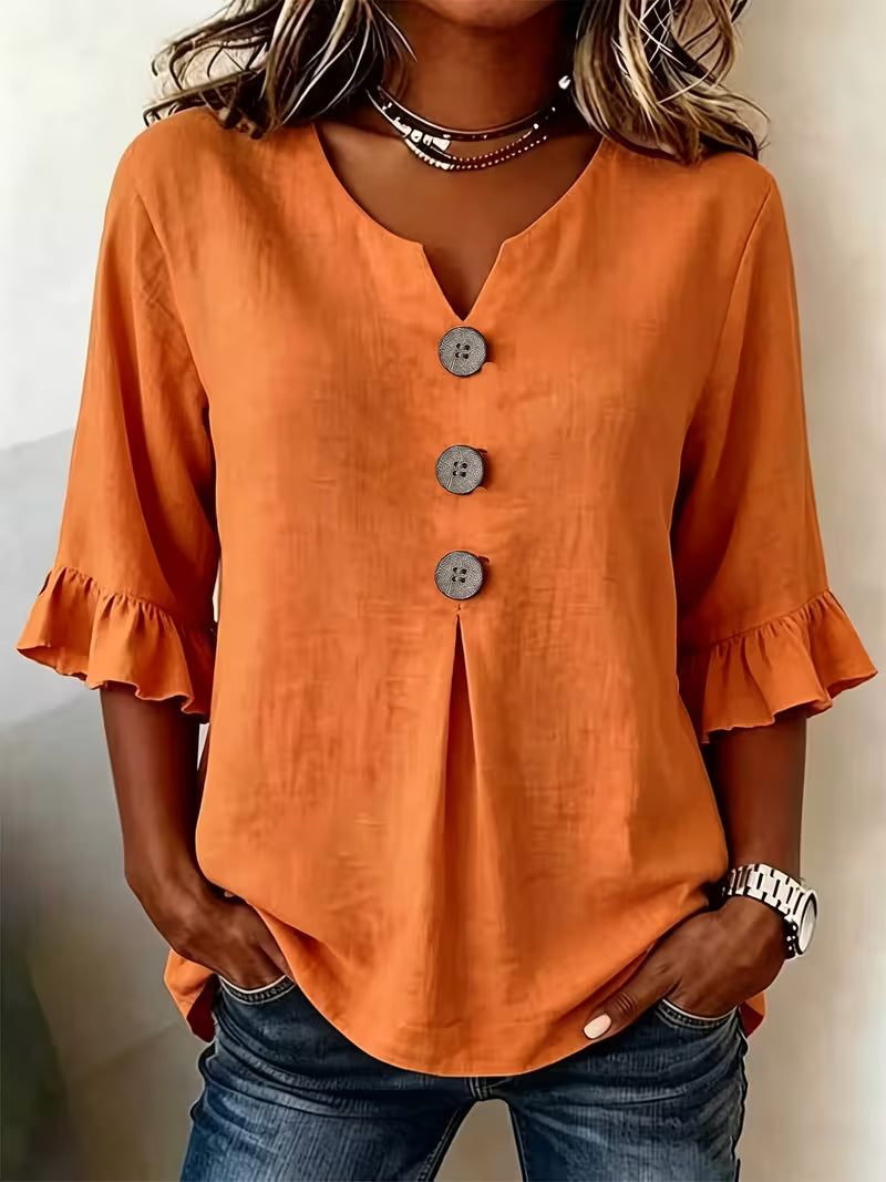 Women'S Plus Size Casual V-Neck 3-Button Loose Casual Shirt