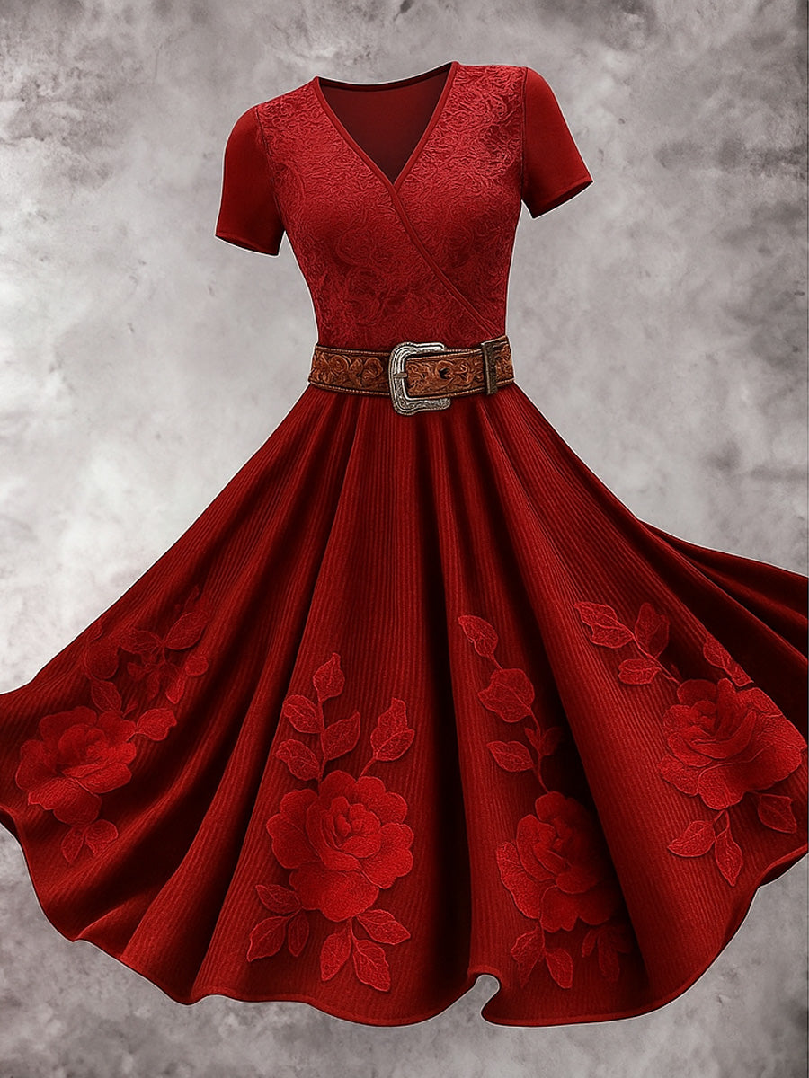 Retro Floral Carved Artistic Texture Printed Vintage V-Neck Short Sleeve Midi Dress