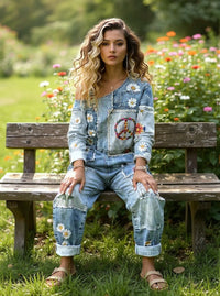 Women's Retro Floral Color-Blocked Art Print Washed Cotton Denim Patchwork Jumpsuit