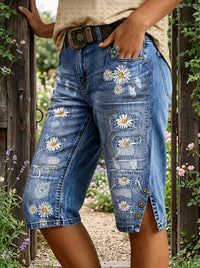 Retro Style Floral Art Print Vintage Casual Denim Shorts