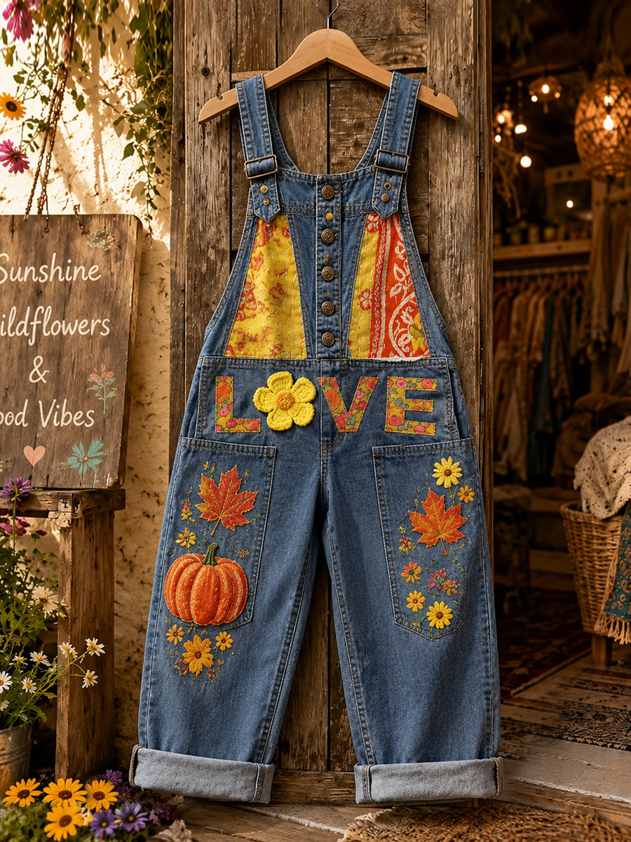 Women's Retro Style Art Print Washed Cotton Denim Patchwork Jumpsuit
