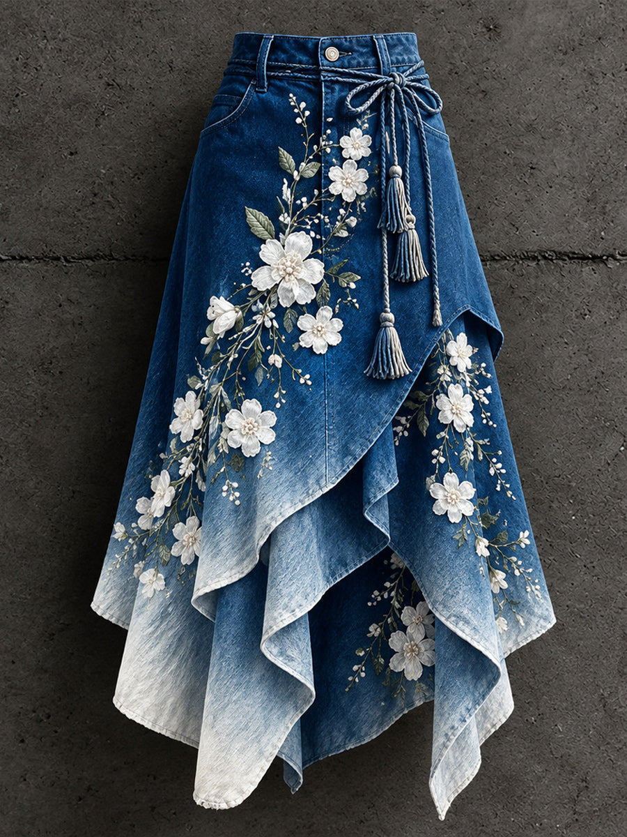 Women's Retro Style Art Print Irregularly Layered Stitched Skirt