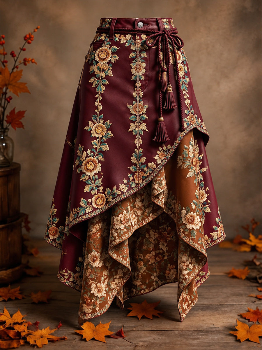 Women's Retro Style Art Print Irregularly Layered Stitched Skirt