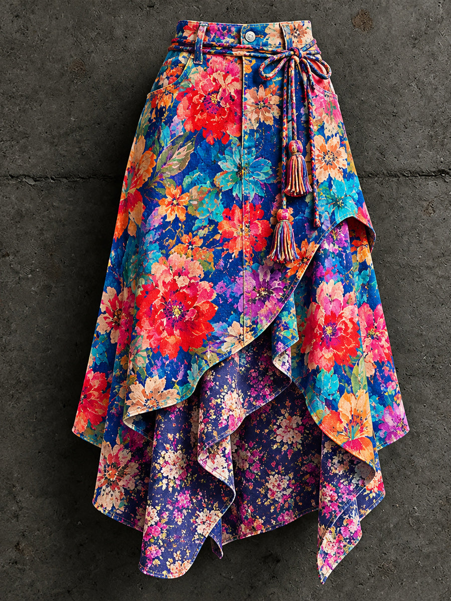 Women's Retro Style Art Print Irregularly Layered Stitched Skirt