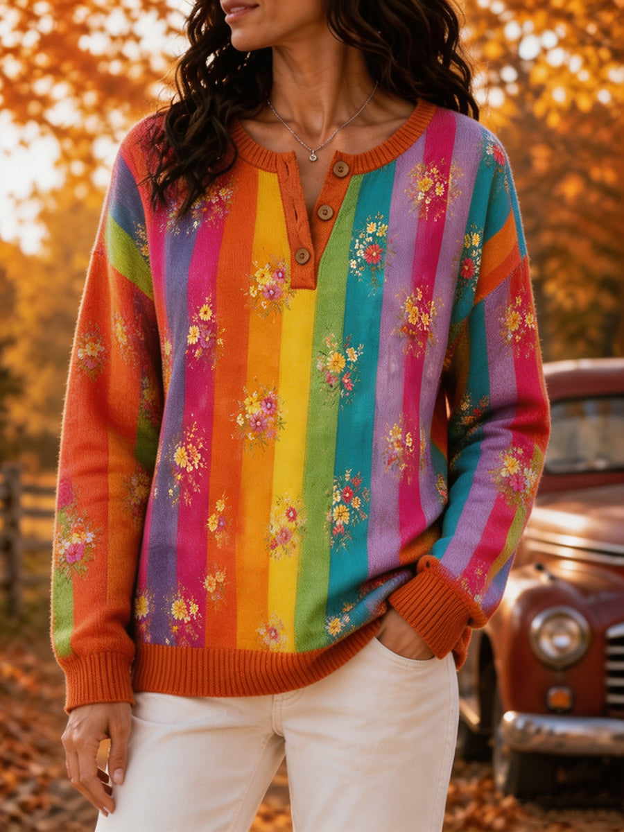 Women's Retro Autumn Art Print Knit Sweater