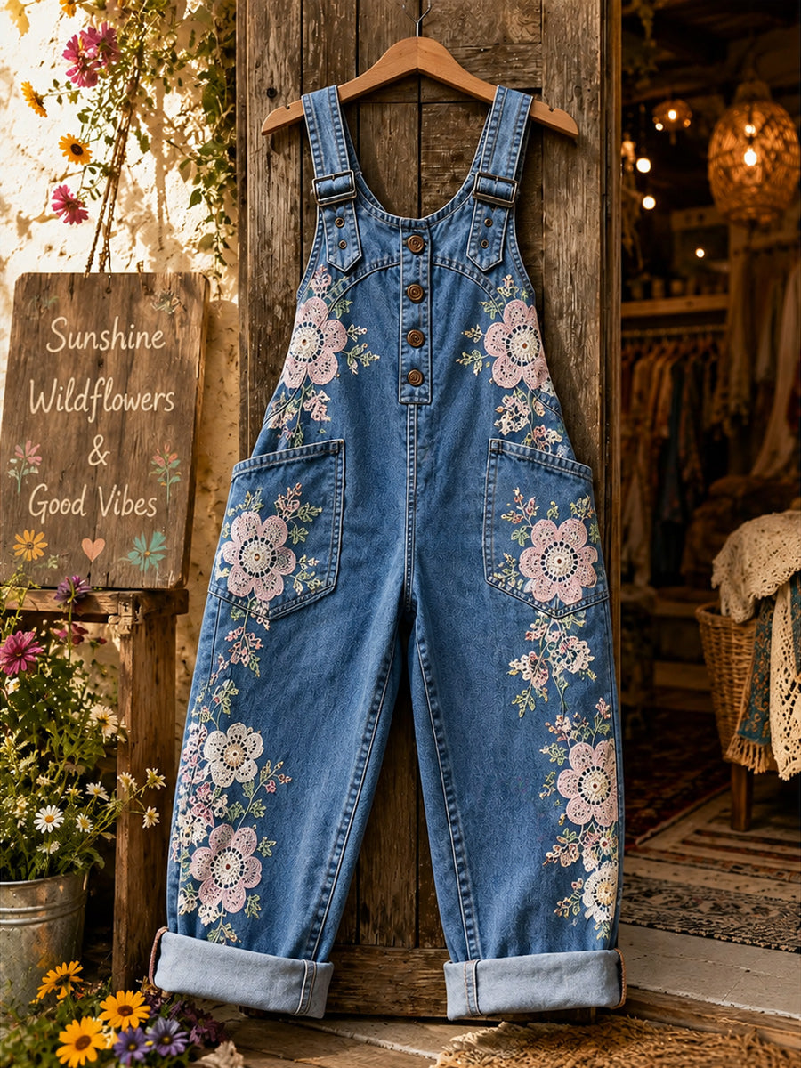 Women's Retro Style Art Print Washed Cotton Denim Patchwork Jumpsuit
