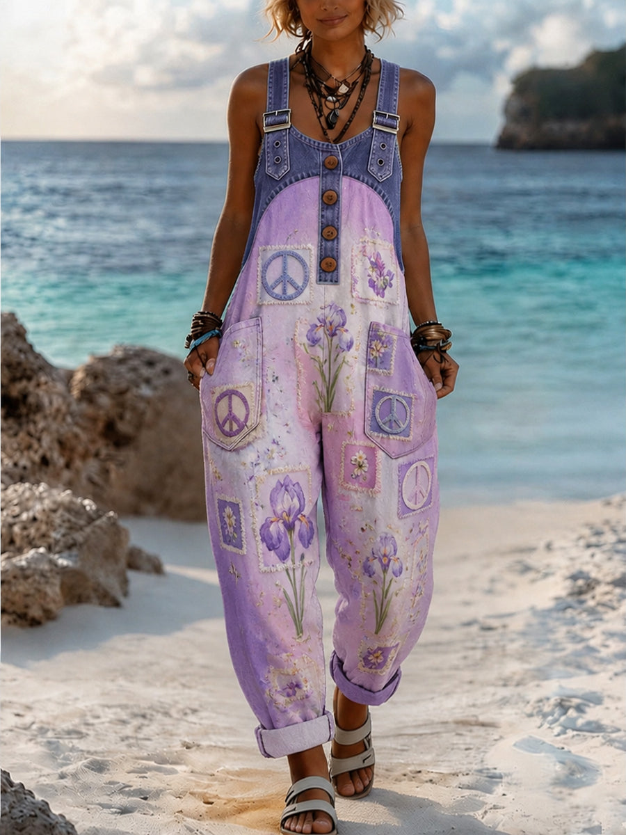 Women's Retro Style Art Print Washed Cotton Denim Patchwork Jumpsuit