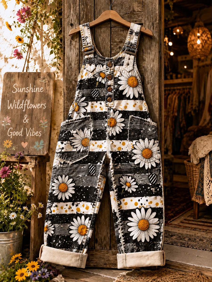 Women's Retro Style Art Print Washed Cotton Denim Patchwork Jumpsuit