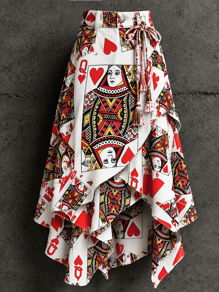 Women's Retro Style Art Print Irregularly Layered Stitched Skirt