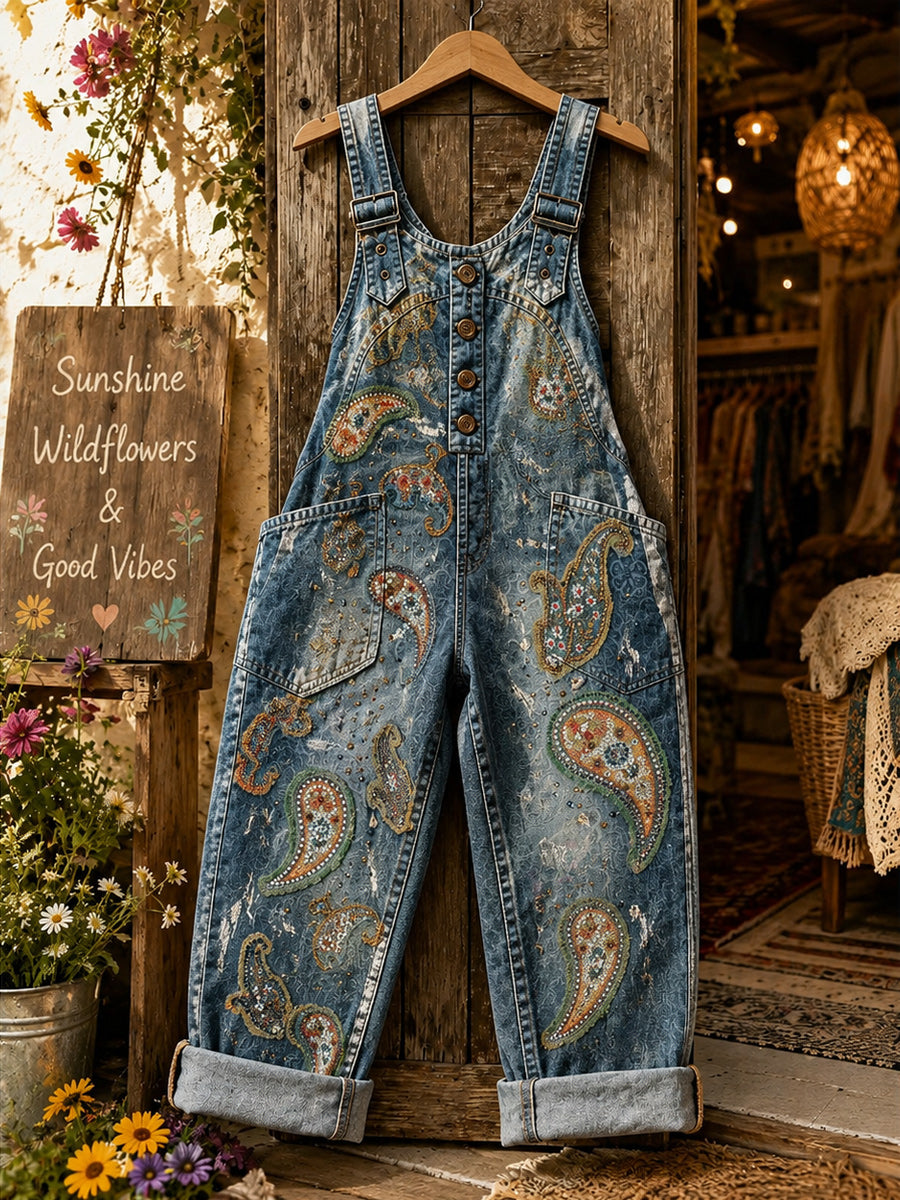 Women's Retro Style Art Print Washed Cotton Denim Patchwork Jumpsuit