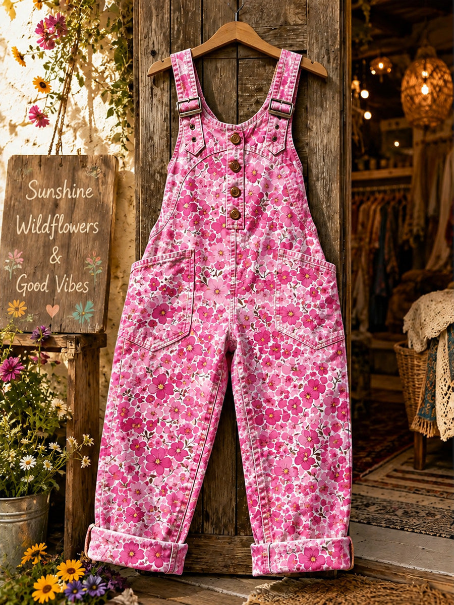 Women's Retro Style Art Print Washed Cotton Denim Patchwork Jumpsuit