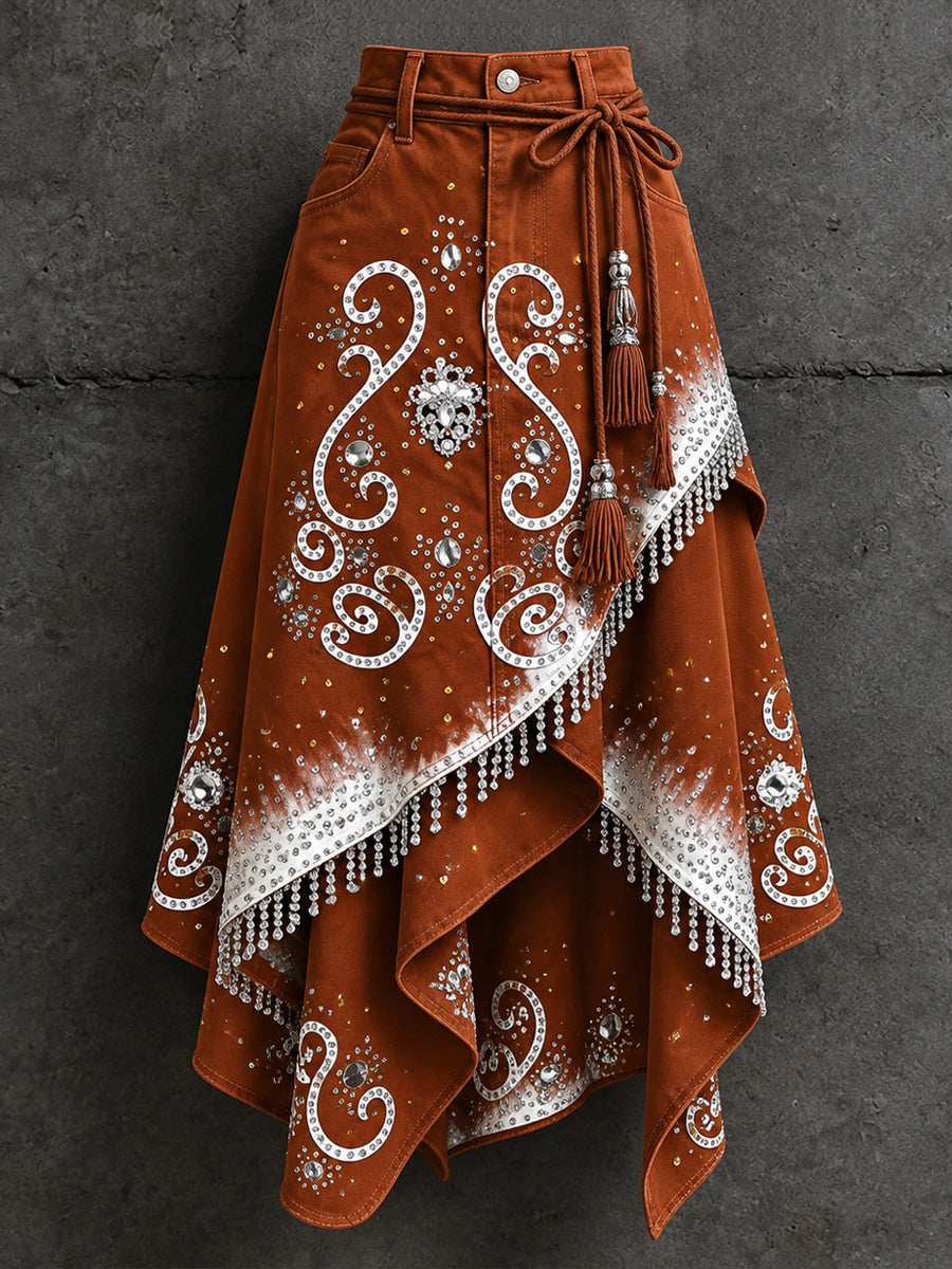 Women's Retro Style Art Print Irregularly Layered Stitched Skirt