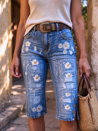 Retro Style Floral Art Print Vintage Casual Denim Shorts