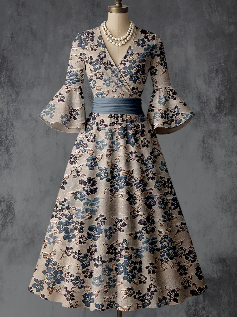 Retro Floral Art Printed V-Neck Vintage Chic Pleated Waist Flare Sleeve Midi Dress