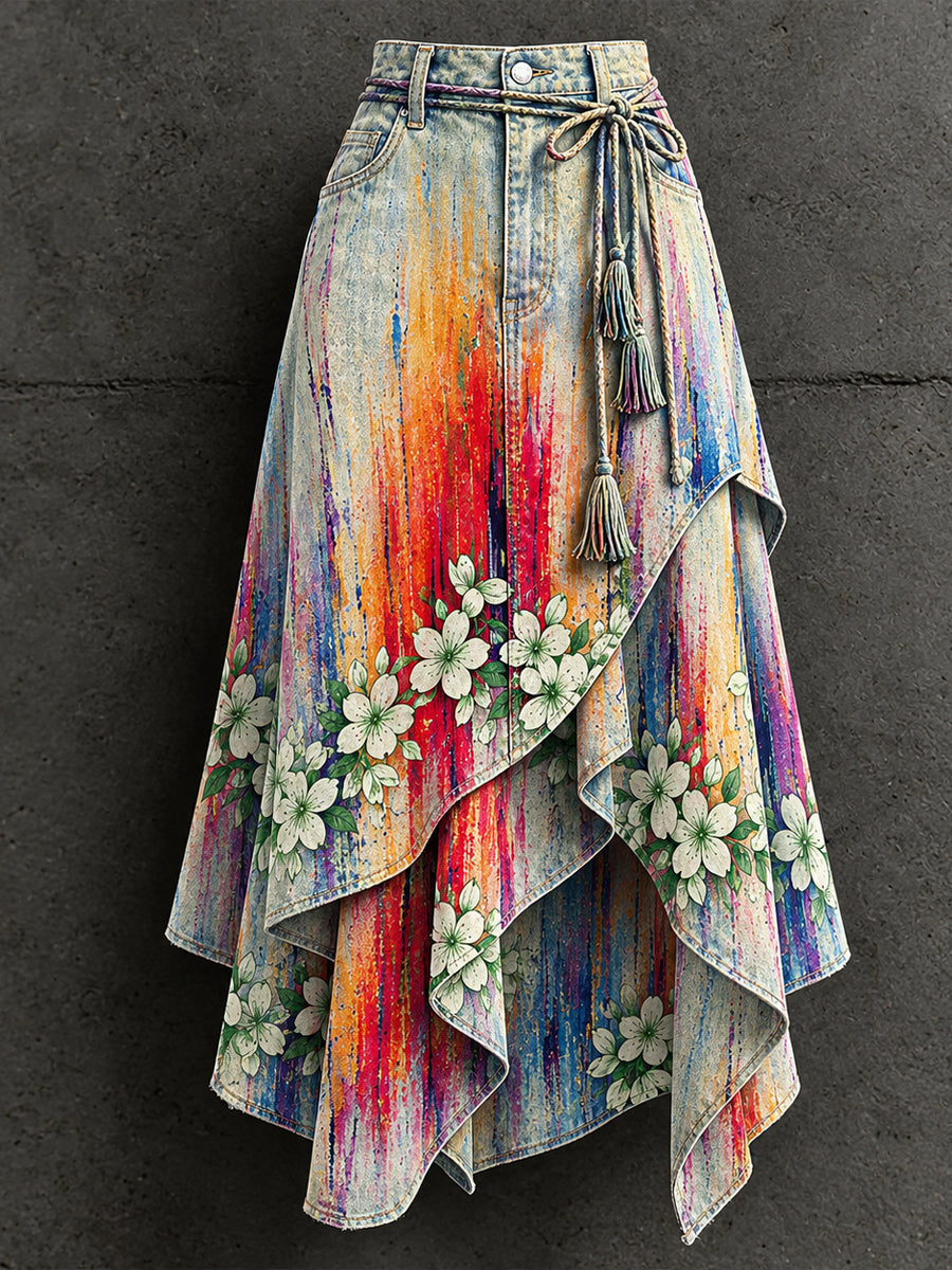 Women's Retro Style Art Print Irregularly Layered Stitched Skirt